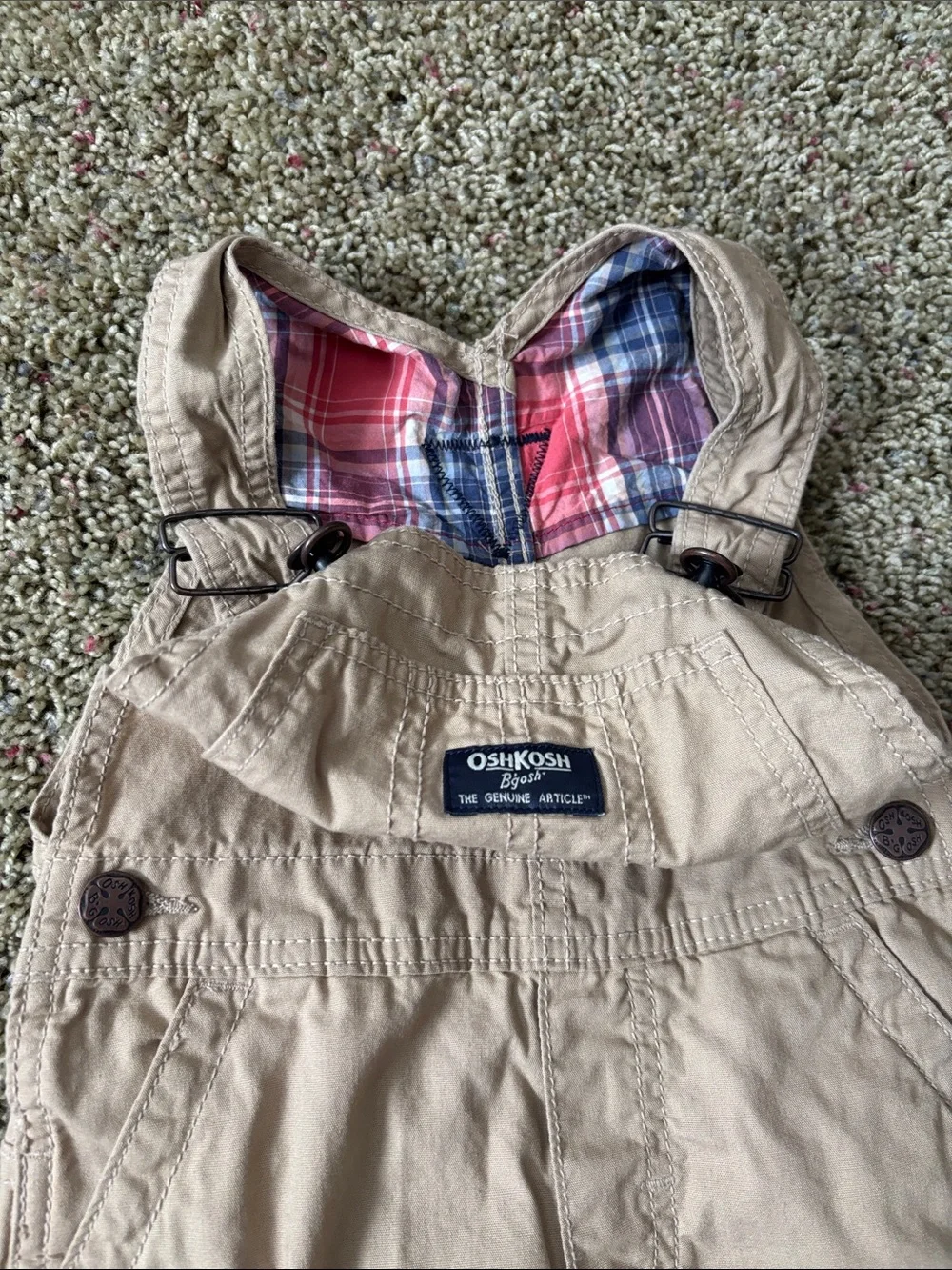OshKosh B'gosh Baby Toddler Lightweight Plaid-Lined Khaki Canvas Overalls - 2T